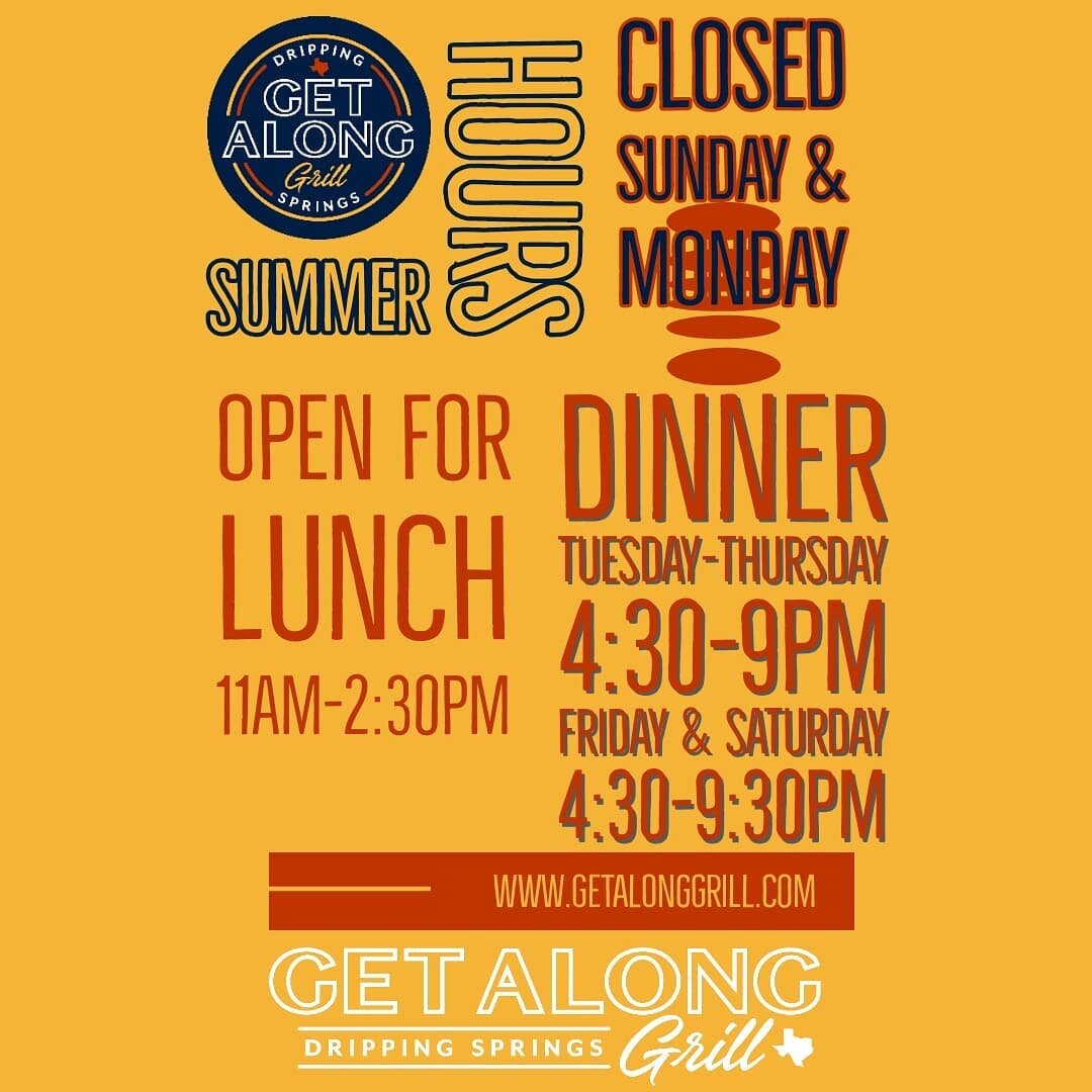We have new Summer Hours, and I am experimenting with different ways to communicate them because they kinda look a mess. 😆 y'all hang in there with me! LOL 
 OPEN 
Tuesday-Thursday 11AM-2:30,4:30-9PM
Friday &amp; Saturday 
11AM-2:30, 4:30-9:30PM
CL
